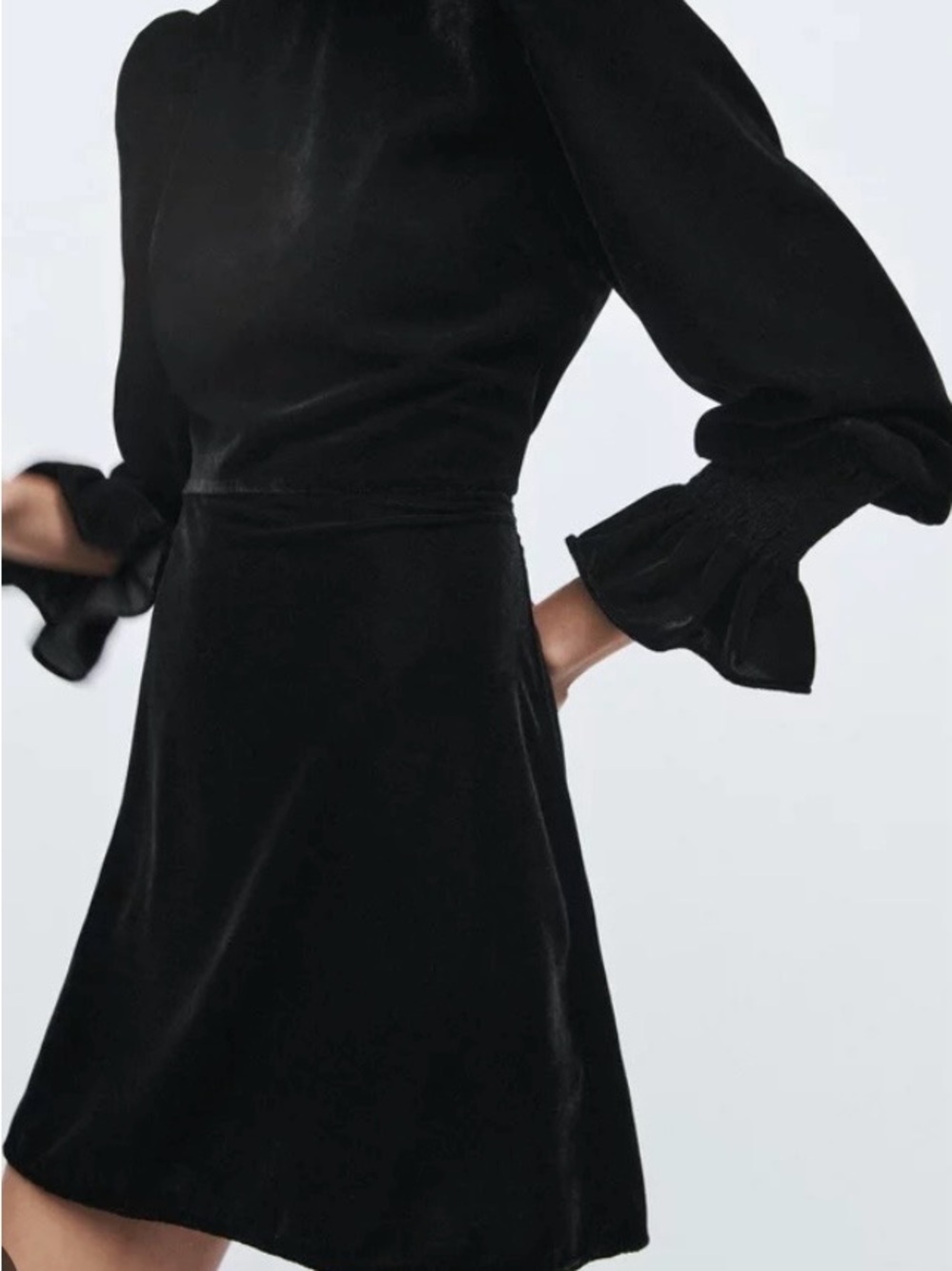 NWOT Zara Black Velvet Long-Sleeve Ruffle Cuff Cocktail or Evening Dress